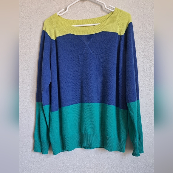 Seaton 100% Cashmere Blue Yellow Green Colorblock Striped Thin Sweater Size M - Picture 1 of 8